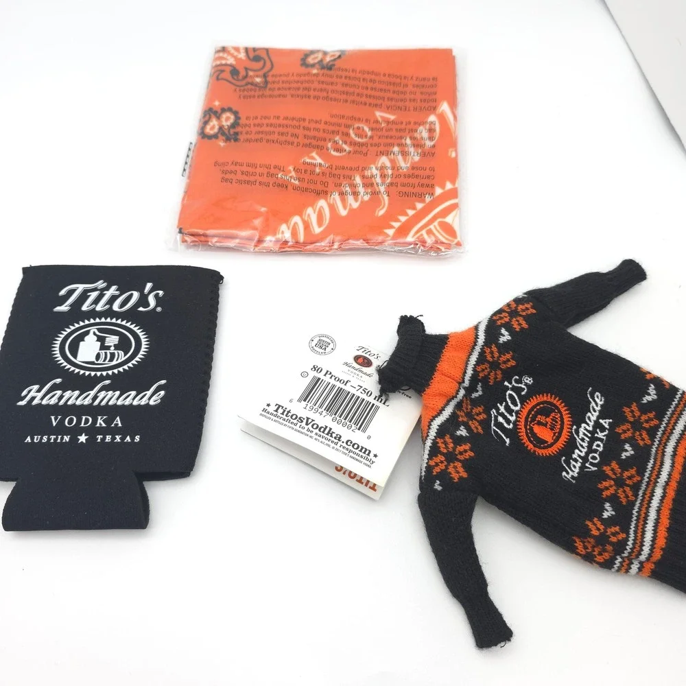 Tito's Vodka Accessory Set Orange Black‎ Koozie Bandana Bottle Sweater Paisley